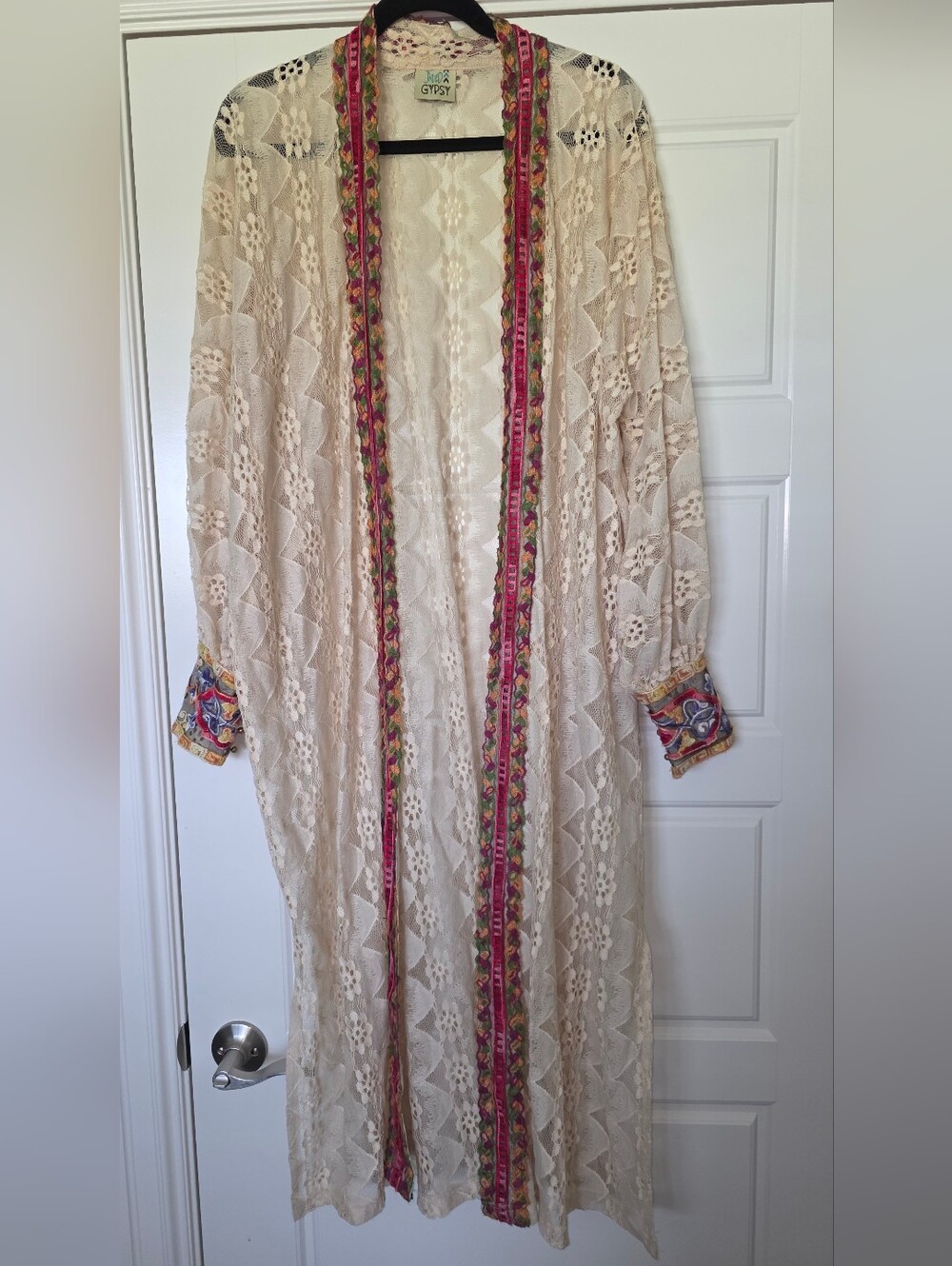 RARE Jaded Gypsy Long Cream Lace Duster with Embroidered Trim/Cuffs